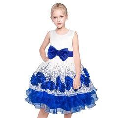 Flower Girls Dress Sequin Dimensional Flowers Bow Tie Pageant Size 7-14 Years