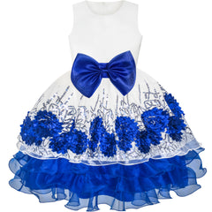 Flower Girls Dress Sequin Dimensional Flowers Bow Tie Pageant Size 7-14 Years