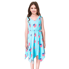 Girls Dress Flower Print Hanky Hem With Necklace Size 6-14 Years