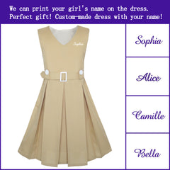 Girls Dress Khaki Button Back School Pleated Hem Size 6-14 Years