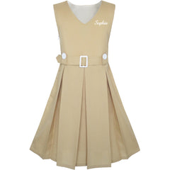 Girls Dress Khaki Button Back School Pleated Hem Size 6-14 Years