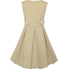 Girls Dress Khaki Button Back School Pleated Hem Size 6-14 Years