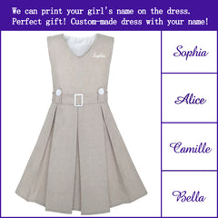 Girls Dress Khaki Button Back School Pleated Hem Size 6-14 Years