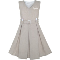 Girls Dress Khaki Button Back School Pleated Hem Size 6-14 Years