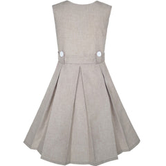Girls Dress Khaki Button Back School Pleated Hem Size 6-14 Years