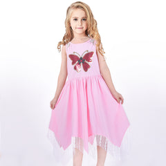 Girls Dress Flower Print Hanky Hem With Necklace Size 6-14 Years