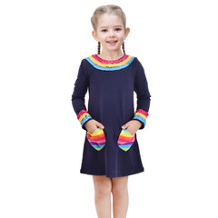 Girls Dress Long Sleeve Butterfly Color Contrast Casual Everyday Wearing Size 3-8 Years
