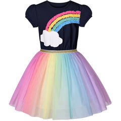 Girls Dress Short Sleeve Rainbow Tulle Skirt Birthday Party Size 4-10 Years