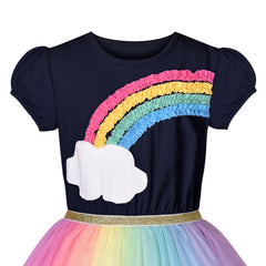 Girls Dress Short Sleeve Rainbow Tulle Skirt Birthday Party Size 4-10 Years