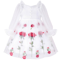 Girls Dress Rose Flower Embroidery Heart Shape Back Wedding Size 6-14 Years
