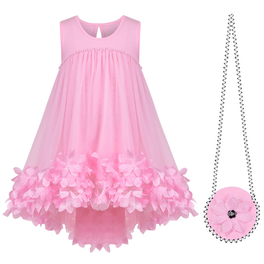 Sunny Fashion Girls Pink 3D Floral Tulle Dress with Crossbody Flower Bag