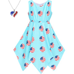 Girls Dress Flower Print Hanky Hem With Necklace Size 6-14 Years