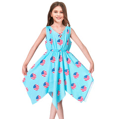 Girls Dress Flower Print Hanky Hem With Necklace Size 6-14 Years