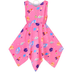 Girls Dress Flower Print Hanky Hem With Necklace Size 6-14 Years
