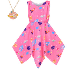 Girls Dress Flower Print Hanky Hem With Necklace Size 6-14 Years