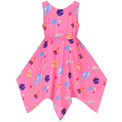 Girls Dress Flower Print Hanky Hem With Necklace Size 6-14 Years