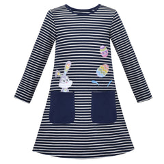Girls Dress Long Sleeve Daisy Flower Striped Casual Cotton Size 3-12 Years