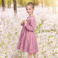 Girls Dress Flower Lace Collar Skirt Dress Size 4-14 Years
