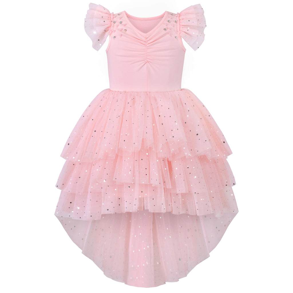 Girls Dress Sequin Wedding Hi-low Tulle Skirt Tutu Flutter Sleeve Size 3-12 Years