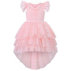 Girls Dress Sequin Wedding Hi-low Tulle Skirt Tutu Flutter Sleeve Size 3-12 Years
