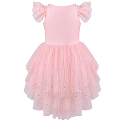 Girls Dress Sequin Wedding Hi-low Tulle Skirt Tutu Flutter Sleeve Size 3-12 Years