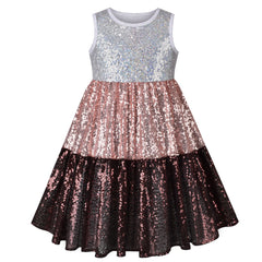 Girls Dress Shiny Glitter Sequin Color Block Sleeveless Size 4-10 Years