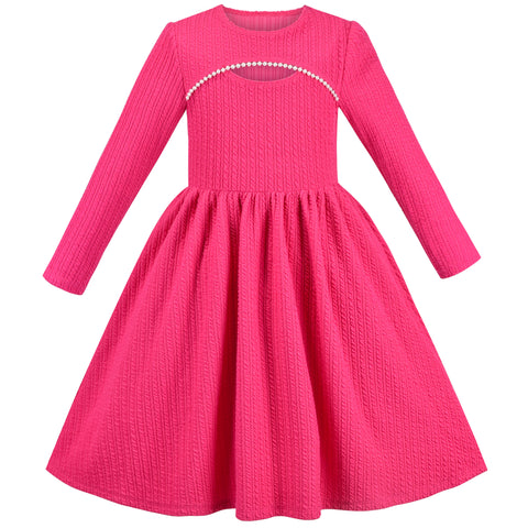 Girls Dress Christmas Stripe Pearl Vintage Party Holiday Long Sleeve Size 6-12 Years