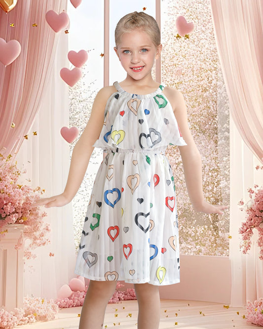 Girls Dress White Colorful Hearts Halter Neck Print Lovely Sundress Summer White Colorful Hearts