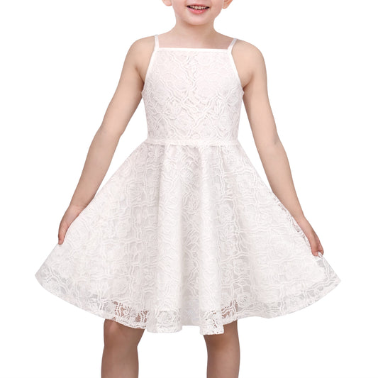 Girls Dress Lace Overlay Spaghetti Strap Flared Back Bow Party Recital White Floral Lace