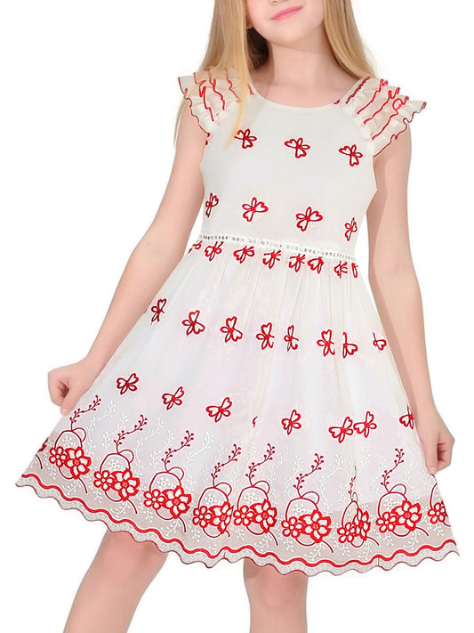 Girls White Dress Pink Floral Butterfly Embroidery Flutter Sleeves Scalloped Hem Girl Wedding Party Dress Red Butterfly
