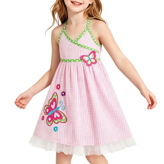 Toddler Girls Dress Yellow Gingham Halter Butterfly Summer Beach Casual Dresses Pink Butterfly