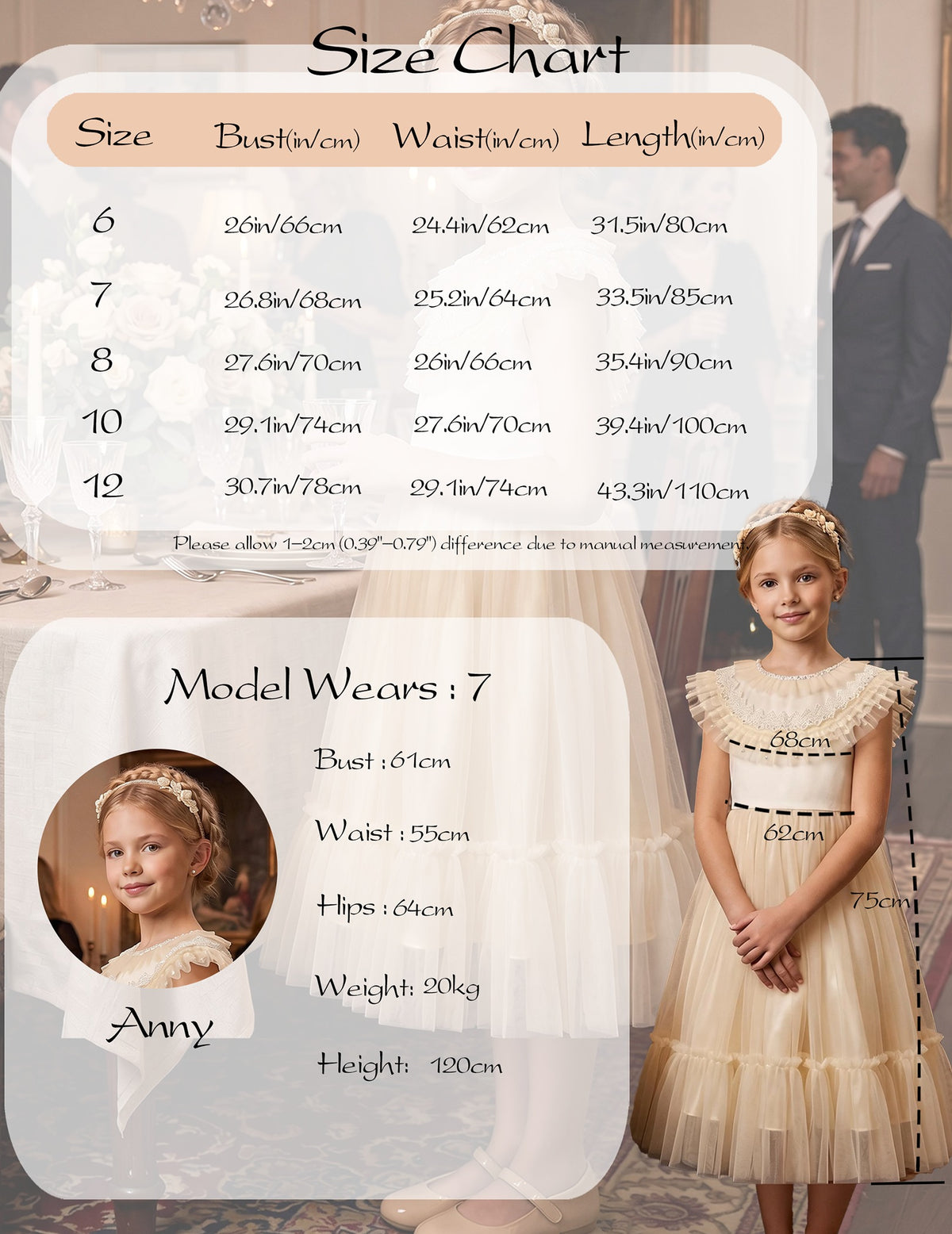 Girls Flower Applique Dress White and Blue Sleeveless Tea Length with Tulle Skirt Party Wedding Flower Girl Dress Beige Tulle