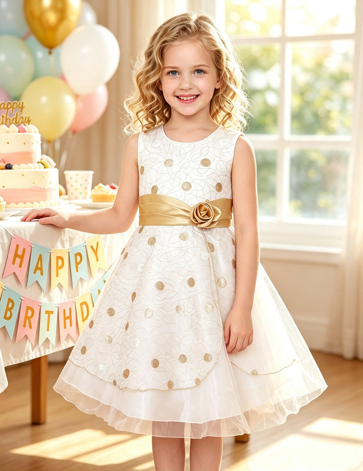 Girls Dress Black Polka Dot Classic Retro Elegant Event Show Sleeveless Tulle - Ivory Gold