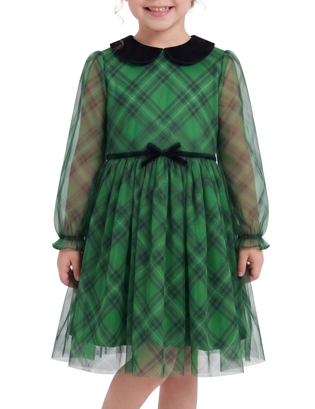 Girls Dress Plaid Tartan Collar Bow Belt Casual Festive Christmas Party Winter - Green Plaid Tulle