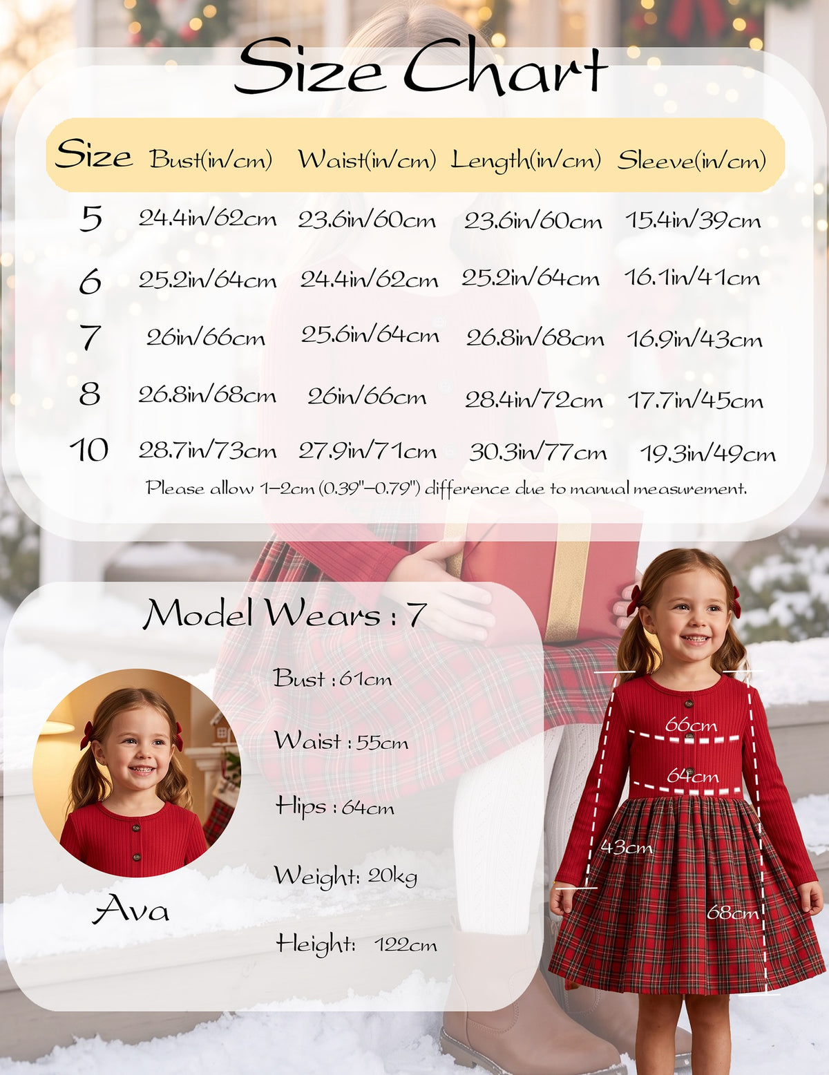Girls Dress Tan Cream Plaid Long Sleeve Ribbed Knit Preppy School Daily Casual Comfortable - Red Plaid
