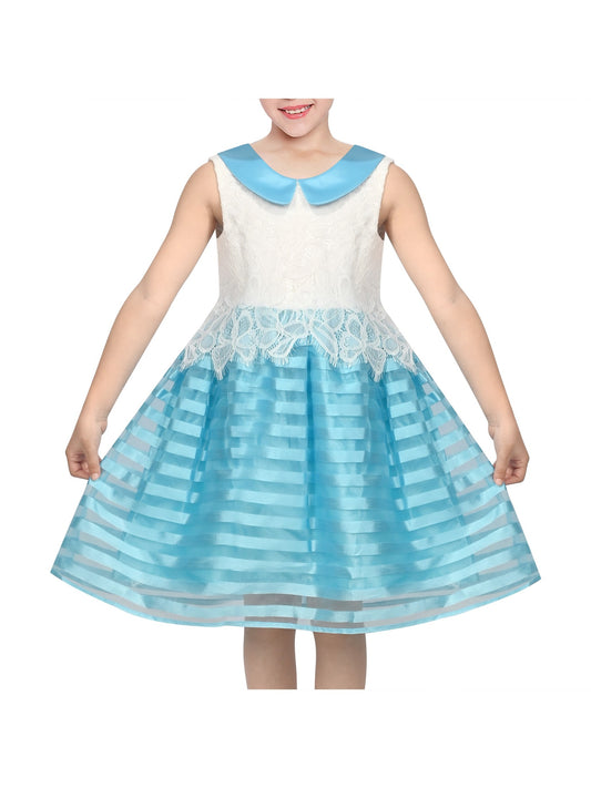 Girls Dress White Lace Sleeveless Pink Stripe Casual Party Sundress Sky Blue Lace