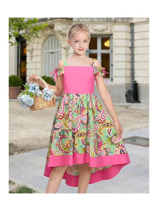 Girls Dress Pink Paisley Cold Shoulder Sleeveless Casual High Low Cotton Dresses for Girls Pink Paisley