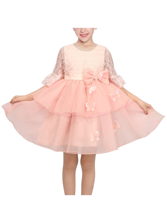 Girls Dress Pink Tulle Floral Applique 3/4 Sheer Mesh Sleeve Wedding Party Light Pink Lace