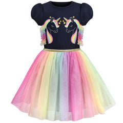 Girls Dress Short Sleeve Rainbow Tulle Skirt Birthday Party Size 4-10 Years