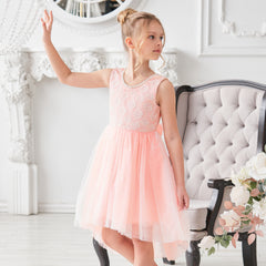 Girls Dress Sequin Backless Floral Hollow Back Lace Wedding Size 3-14 Years