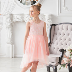 Girls Dress Sequin Backless Floral Hollow Back Lace Wedding Size 3-14 Years