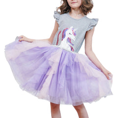 Girls Dress Short Sleeve Rainbow Tulle Skirt Birthday Party Size 4-10 Years