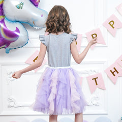 Girls Dress Short Sleeve Rainbow Tulle Skirt Birthday Party Size 4-10 Years