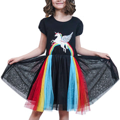 Girls Dress Short Sleeve Rainbow Tulle Skirt Birthday Party Size 4-10 Years