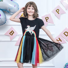 Girls Dress Short Sleeve Rainbow Tulle Skirt Birthday Party Size 4-10 Years
