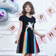 Girls Dress Short Sleeve Rainbow Tulle Skirt Birthday Party Size 4-10 Years