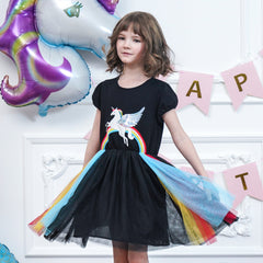 Girls Dress Short Sleeve Rainbow Tulle Skirt Birthday Party Size 4-10 Years