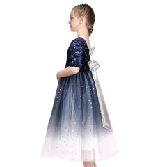 Girls Dress Christmas Vintage V-neck Hollow Back Gold Star Bow Tie Size 6-12 Years