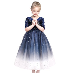 Girls Dress Christmas Vintage V-neck Hollow Back Gold Star Bow Tie Size 6-12 Years