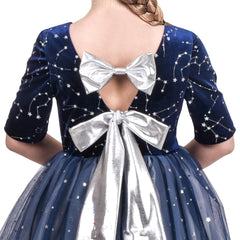 Girls Dress Christmas Vintage V-neck Hollow Back Gold Star Bow Tie Size 6-12 Years